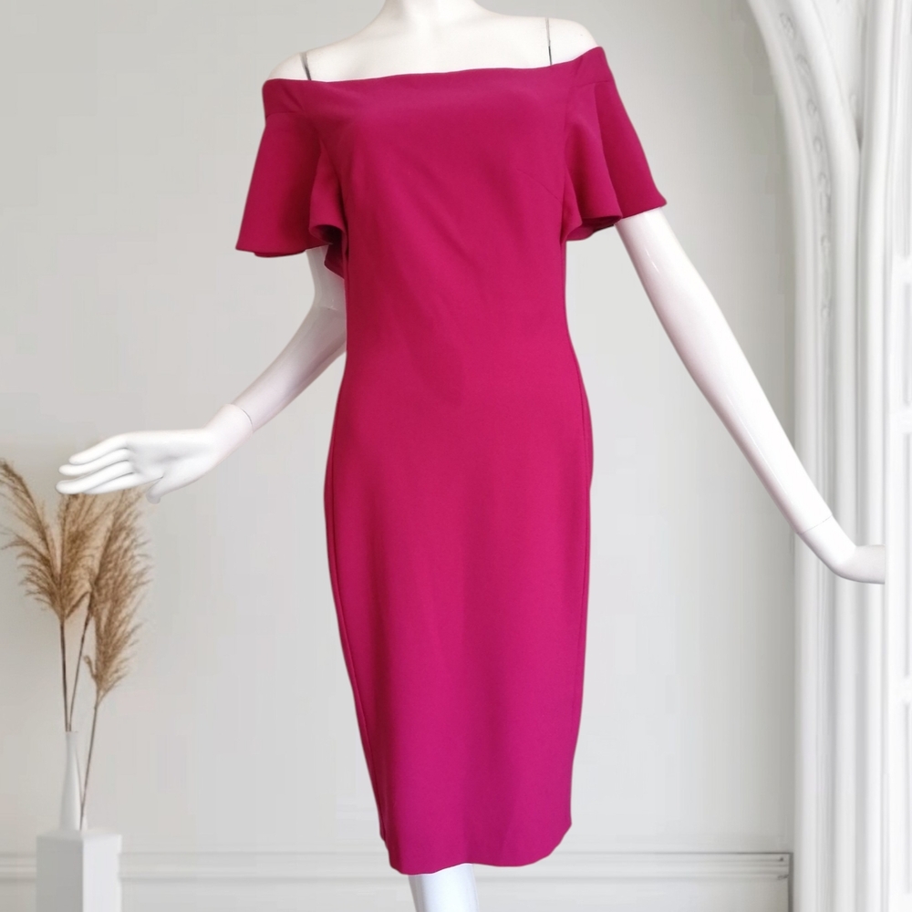 One-Shoulder Fuchsia Midi Dress with Flutter Detail